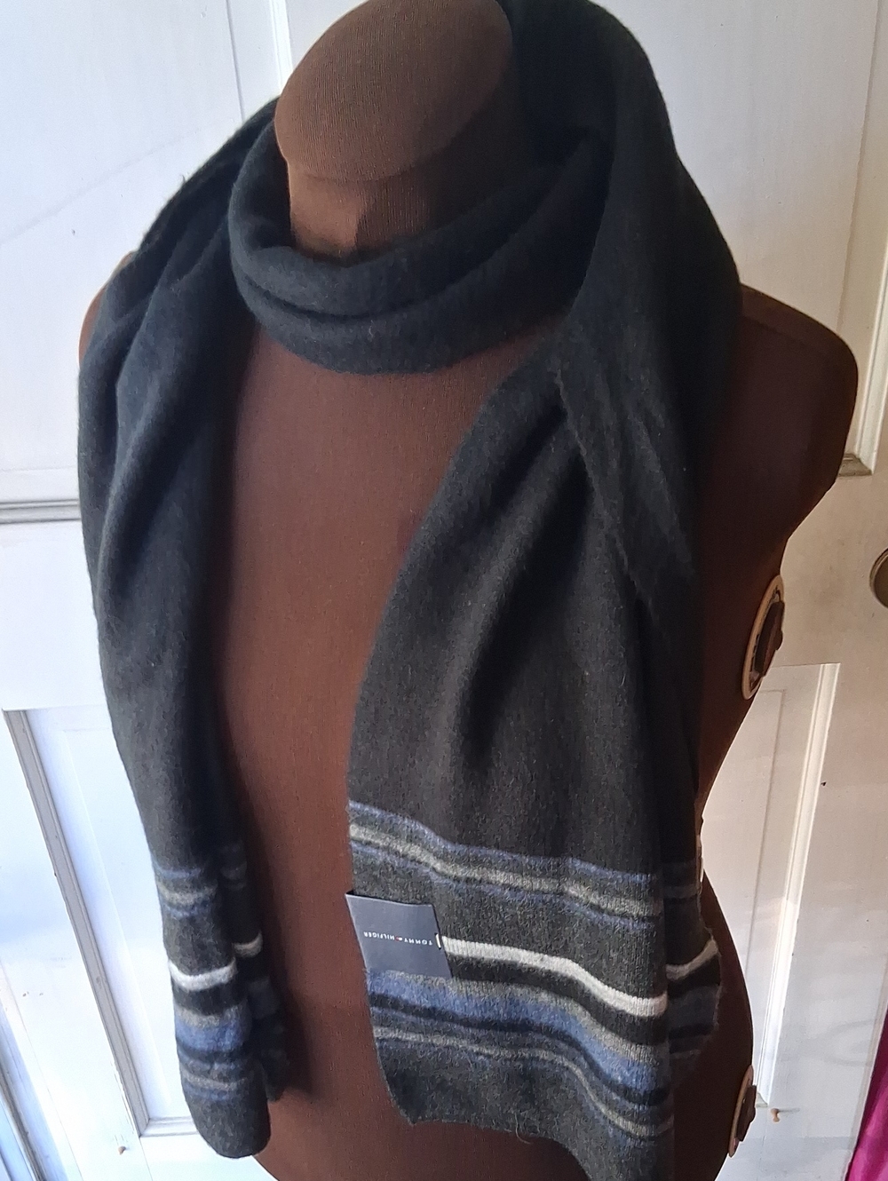 Tommy Hilfiger Men's Black Scarf with Blue/Gray Striped